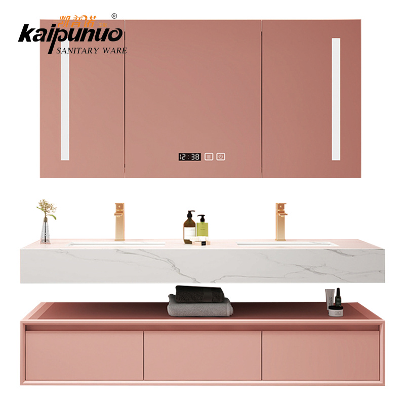 Pink Wall Hung Bathroom Double Sink Vanity Unit